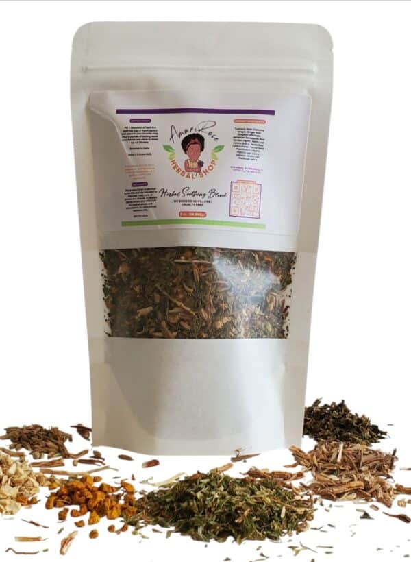 Organic Loose Leaf Soothing Blend Herbal Tea. Comes with a resealable tea bag in a white pouch with a transparent window showing dried herb mixture.