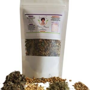 Organic Loose Leaf Mama's Miracle Mix Herbal Tea. Comes with a resealable tea bag in a white pouch with a transparent window showing dried herb mixture.