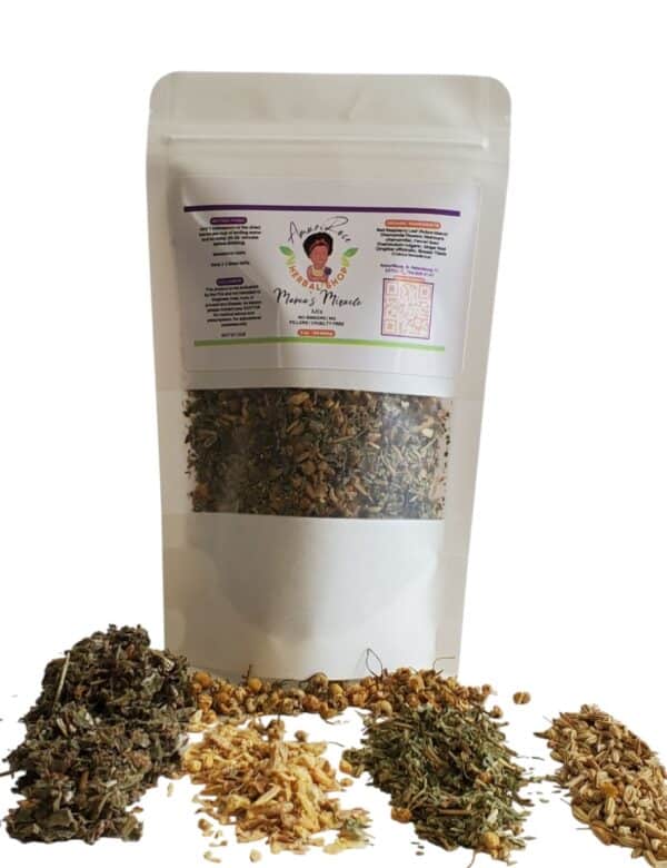 Organic Loose Leaf Mama's Miracle Mix Herbal Tea. Comes with a resealable tea bag in a white pouch with a transparent window showing dried herb mixture.