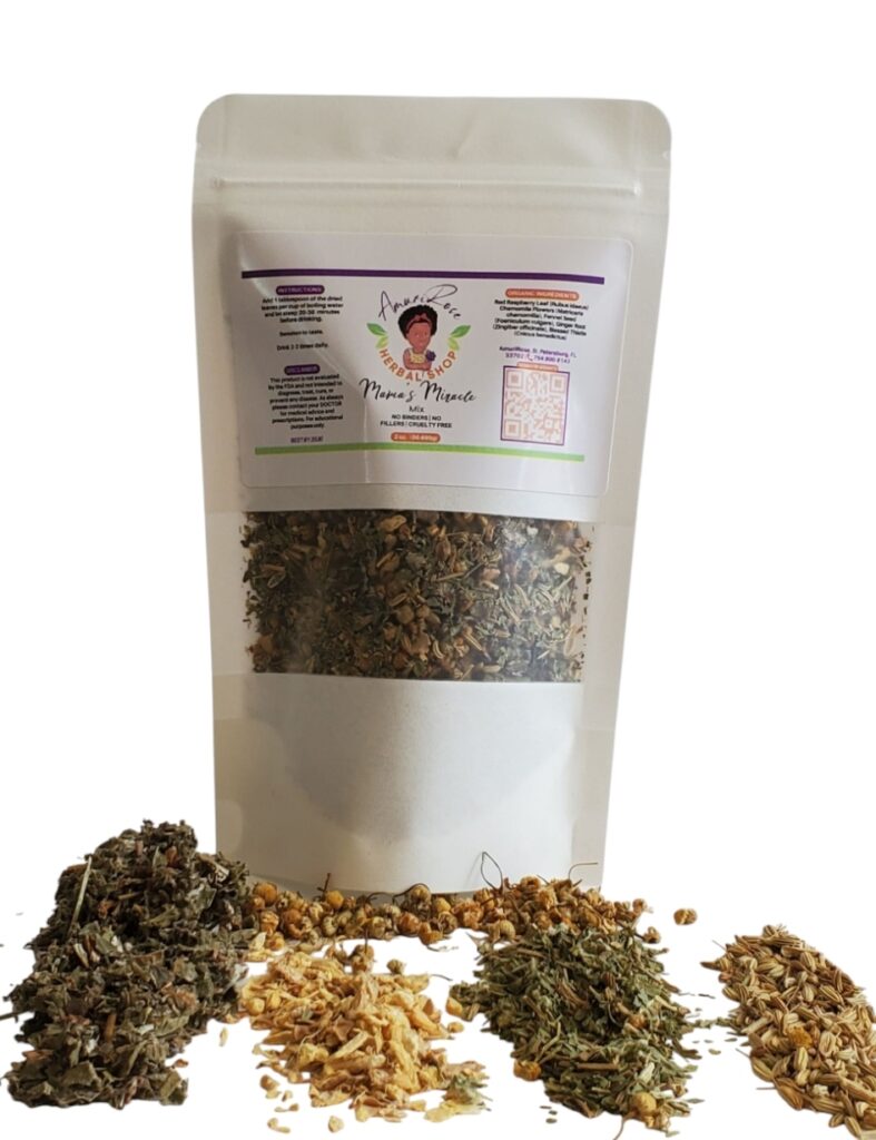 Organic Loose Leaf Mama's Miracle Mix Herbal Tea. Comes with a resealable tea bag in a white pouch with a transparent window showing dried herb mixture.